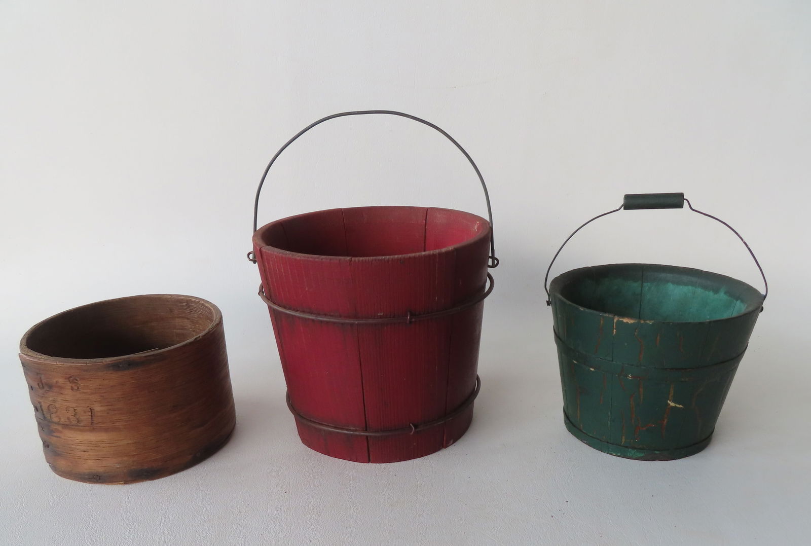 Thee primitive buckets including:  A primitive grain measure signed "J.S. 1831" - good condition; a (1 of 10)