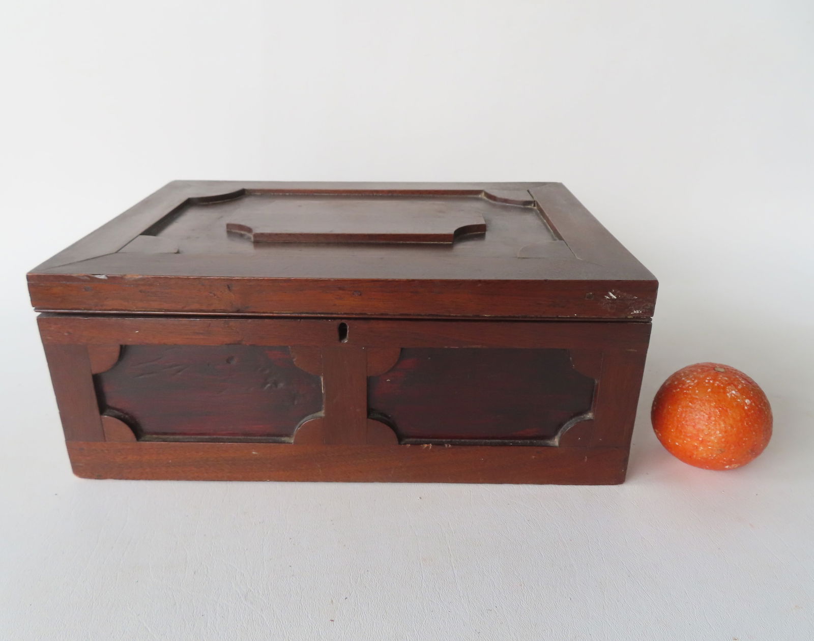 A walnut valuables box having 4 interior drawers with original porcelain pulls, and matching shaped (1 of 5)