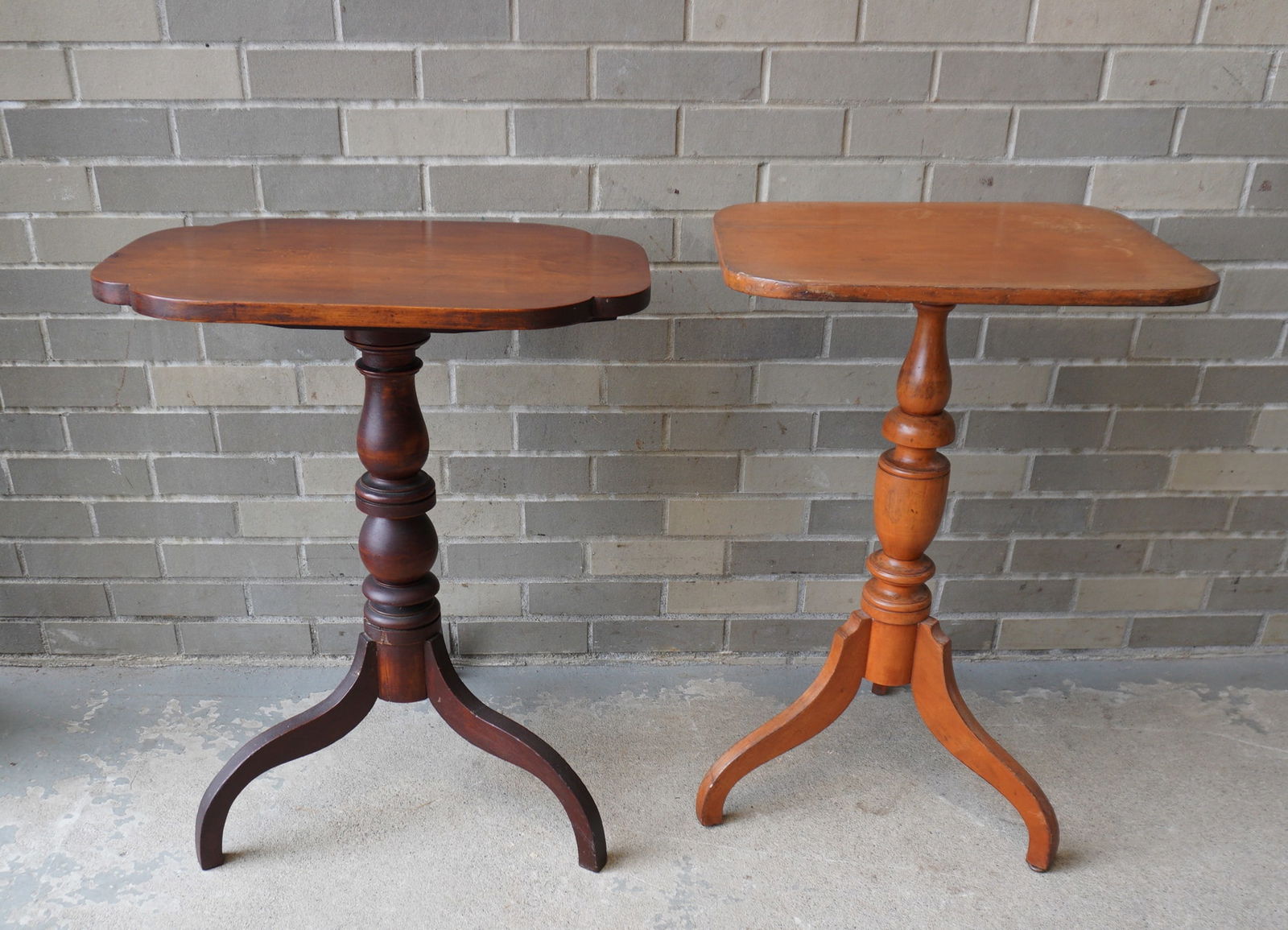 Two Hepplewhite country candlestands in cherry with spider legs and turned columns. The first with (1 of 15)