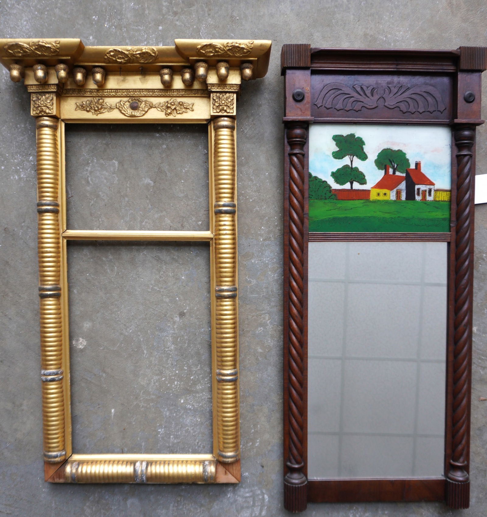 A Sheraton double panel wall mirror having a reverse painted landscape scene on the upper tablet (1 of 8)