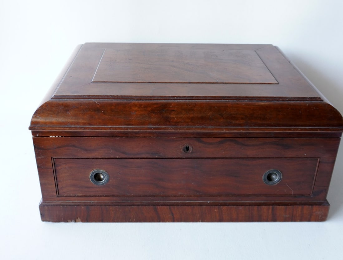 A very fine exotic wood lined silver box with domed top, lower drawer, side handles and original (1 of 9)