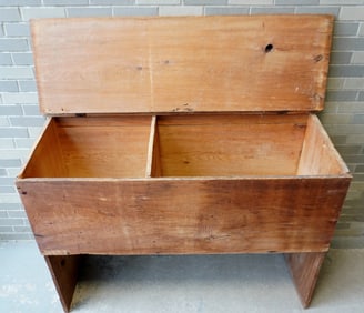 A large very primitive barn found grain bin with 2 interior sections, chamfered edge to lid, mid