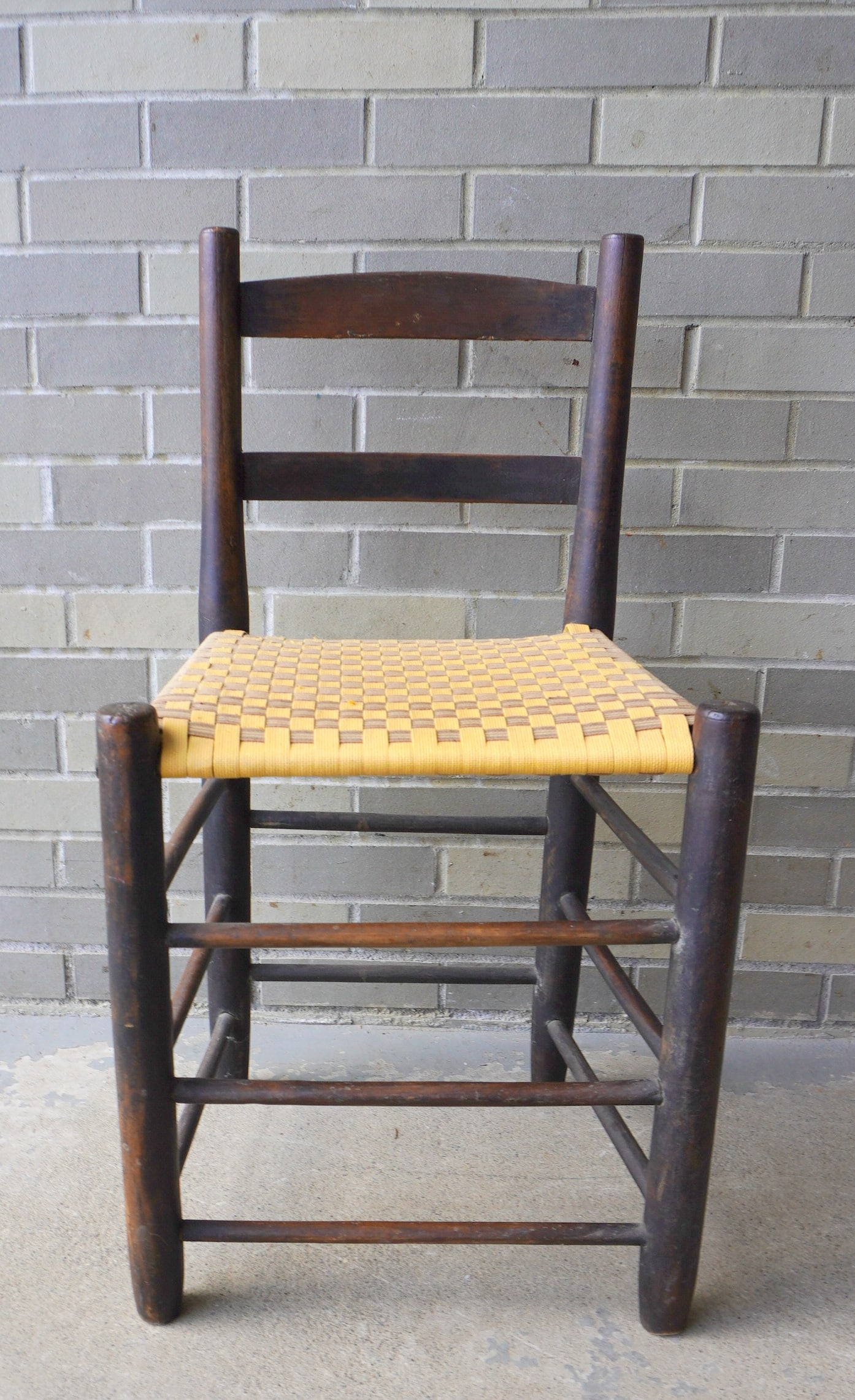 Shaker weaver's chair with woven textile seat, 3 front rungs, probably late 19th to early 20th: Shaker weaver's chair with woven textile seat, 3 front rungs, probably late 19th to early 20th century. Measures 14 1/2"W x 14 1/2"D x 32 3/4"H x 18 1/2" seat height.