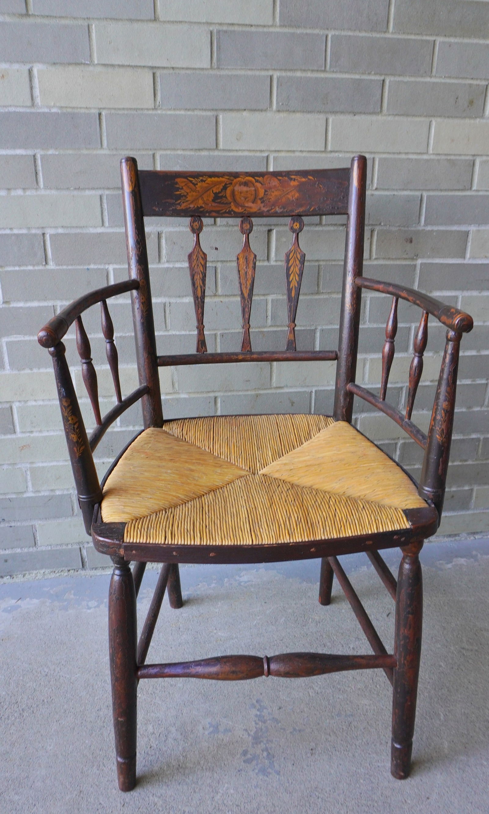 A good country Sheraton Sheraton arm chair with hand painted decorations throughout, having an arrow (1 of 7)
