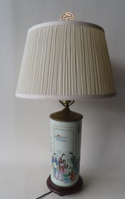 A good Chinese lamp with hand painted family scene across the front, newer lamp shade, circa 1900 -