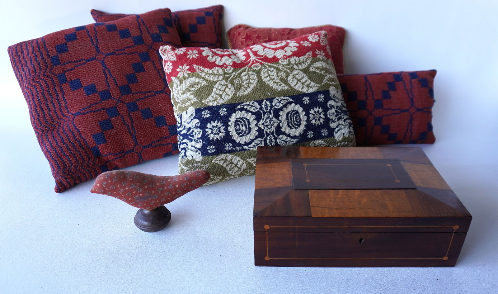 A mahogany and figured maple sewing box with sewing whimsies including a make-do bird-form pin (1 of 10)