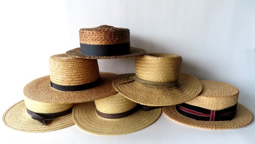 Grouping of 6 straw hats, 5 are newer in very good condition, and 1 with woven straw, circa 1900 and