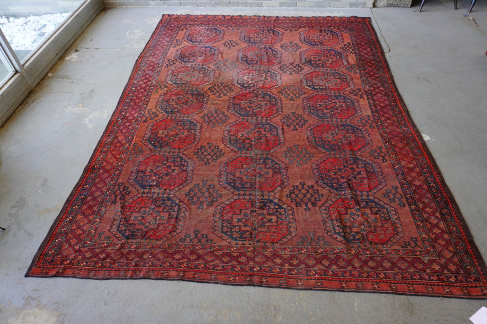 Room size oriental flat weave tribal rug, late 19th century. Some use wear, otherwise good (1 of 10)