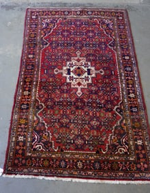 Oriental scatter rug, small area with stain, otherwise good condition, circa 1950. Measures 4' 7" x