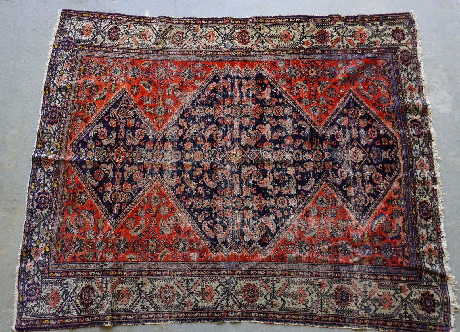 Large oriental scatter rug, hand knotted, low pile, late 19th to early 20th century, Some use wear (1 of 7)