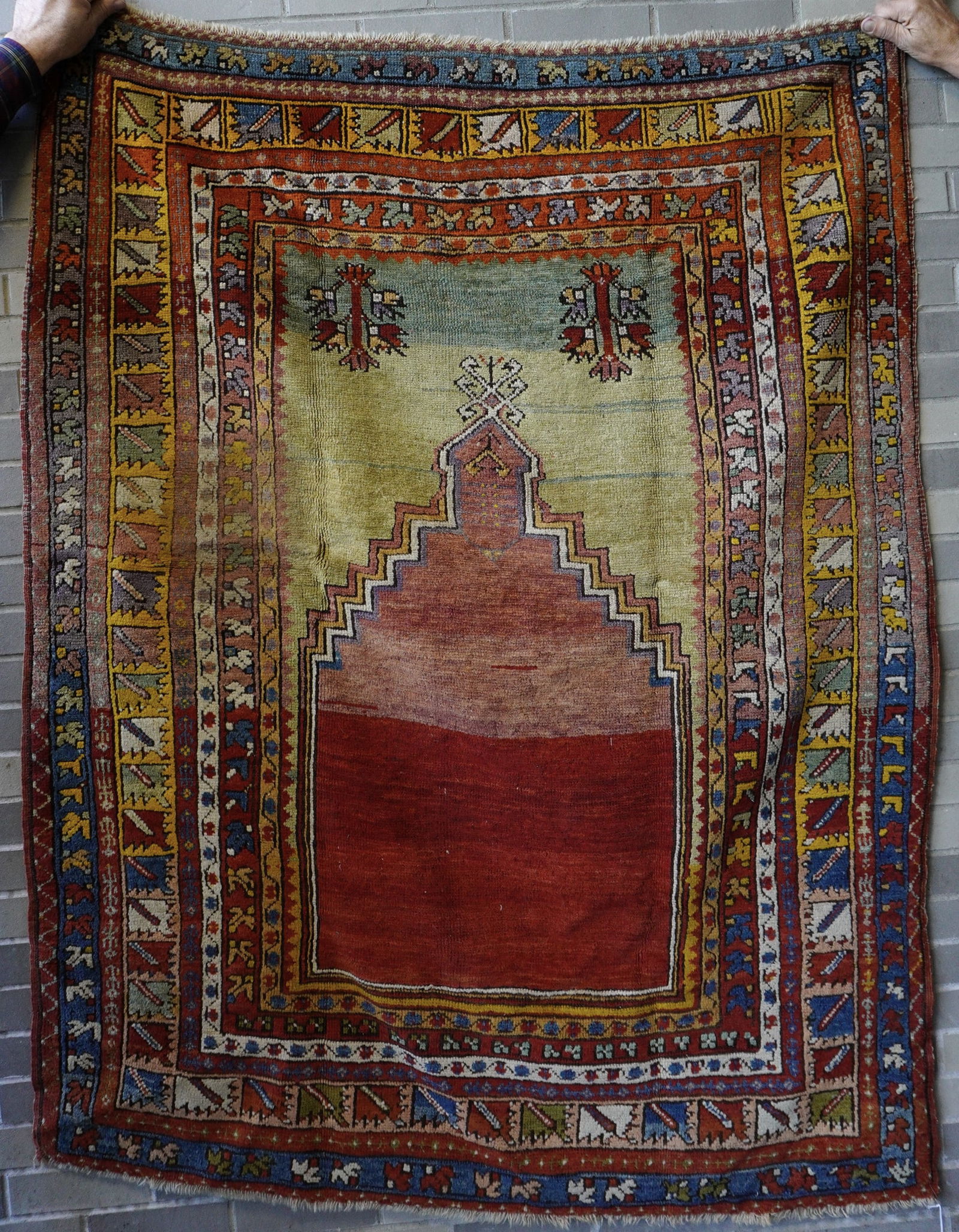 Oriental prayer rug, hand knotted, late 19th century. One stain hardly noticeable on front but most (1 of 9)