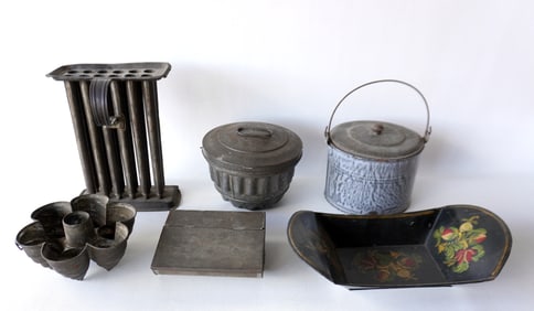 Grouping of 6 country collectibles including a graniteware pot with bale handle, tin bread mold,