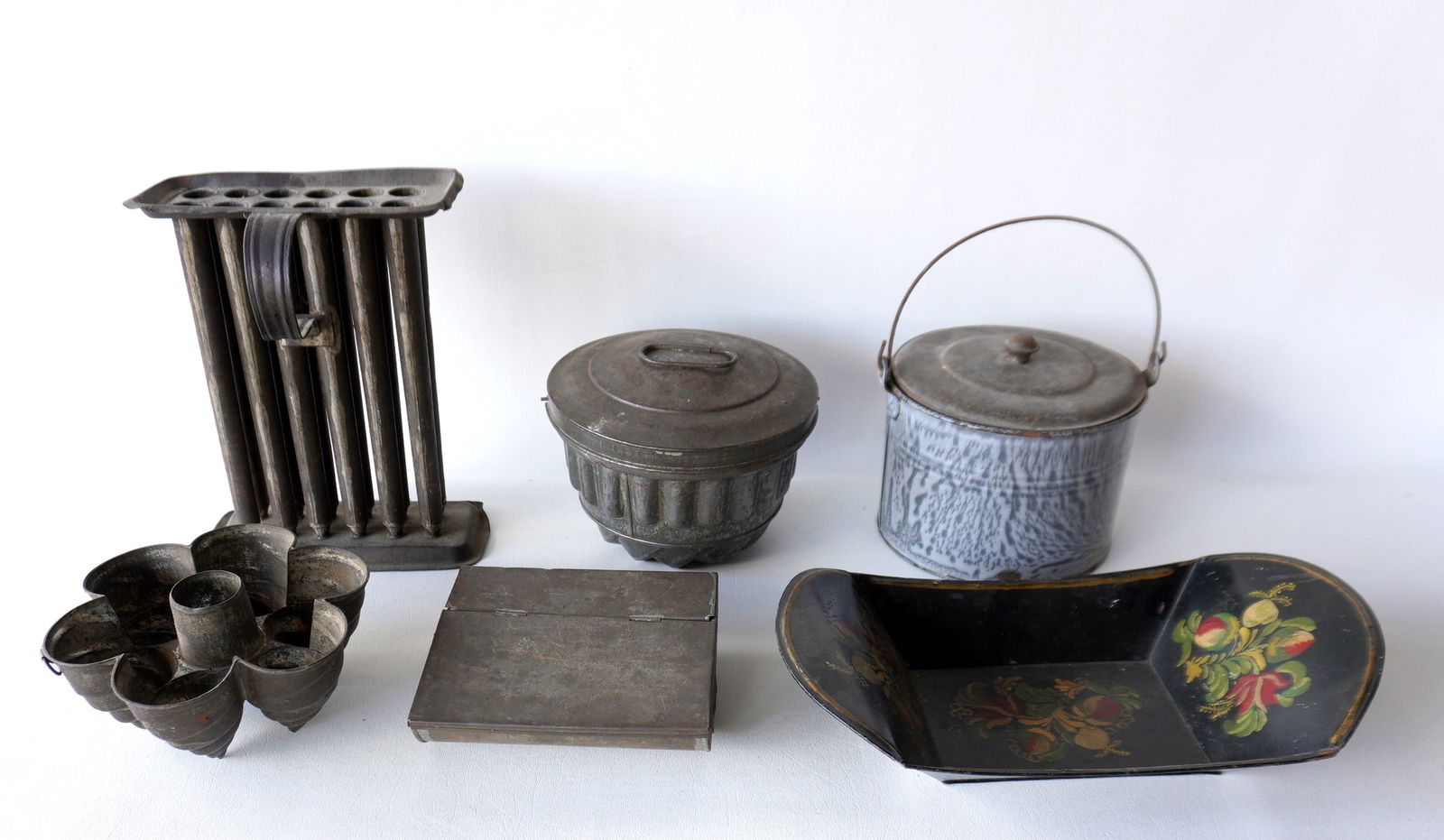 Grouping of 6 country collectibles including a graniteware pot with bale handle, tin bread mold, (1 of 12)