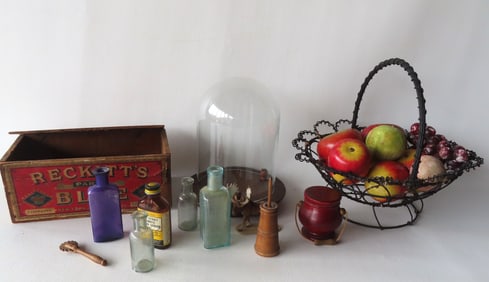 A grouping of country collectibles including: A wire basket holding wooden apples and 3 pieces of
