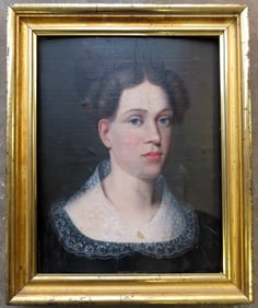 Oil on poplar wood panel - Portrait of a lady in lemon gold frame - 19th century.