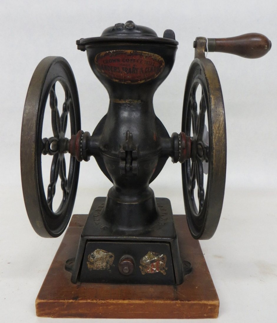 Signed Landers, Frary & Clark double wheel coffee g: Signed Landers, Frary & Clark double wheel coffee grinder marked #20 New Britain CT - original paint and labels.