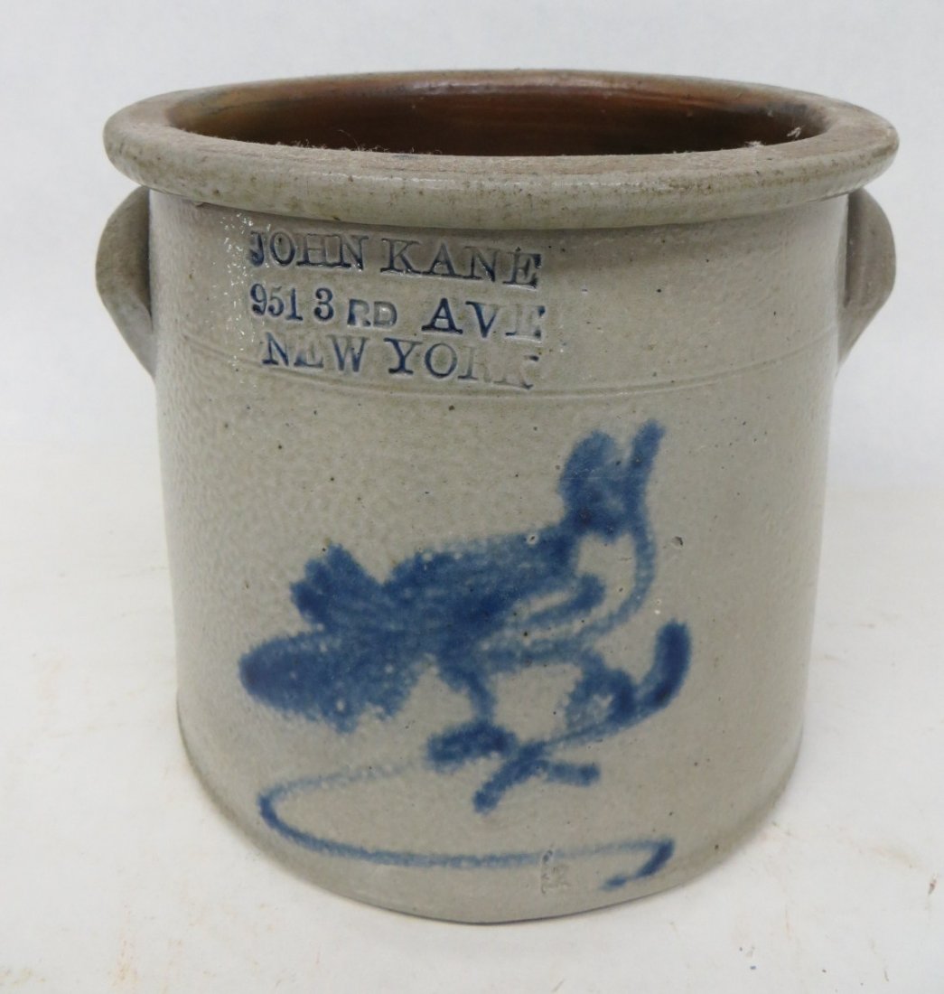Stoneware advertising crock - 7.25"H - Signed John: Stoneware advertising crock - 7.25"H - Signed John Kane 951 3rd Ave. NY - Decorated with a blue bird on twig.