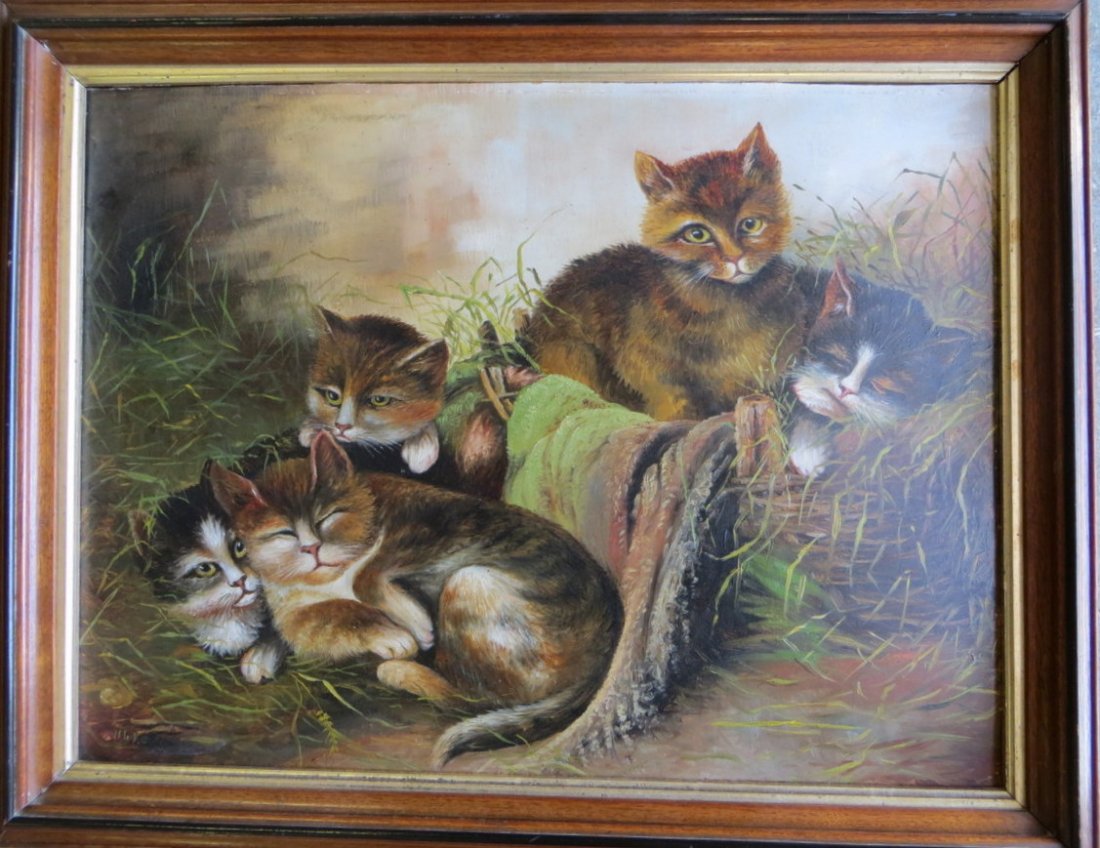 O/B Five resting kittens in hay signed H.L.Y. - 19: O/B Five resting kittens in hay signed H.L.Y. - 19th century in period black walnut frame (newer backing on reverse) - 15.5" x 21"