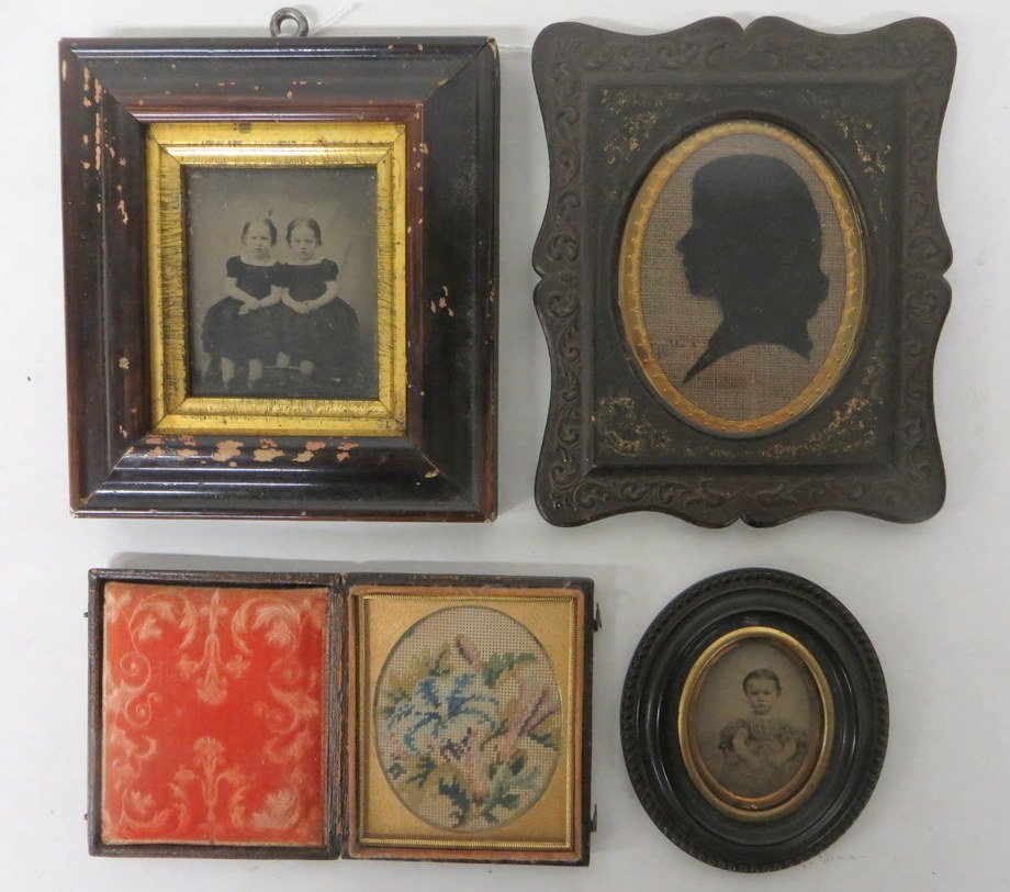 Collection of 4 miniatures including photo (ambrot: Collection of 4 miniatures including photo (ambrotype or tintype) of 2 sisters in original frame, oval ambrotype of young girl in gutta percha frame with 1855 patent, cut silhouette of young lady in g