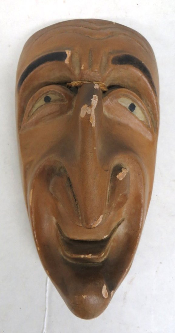 Primitive Native American false face mask in orig: Primitive Native American false face mask in original paint - all hand carved - 19th century - 10"H.