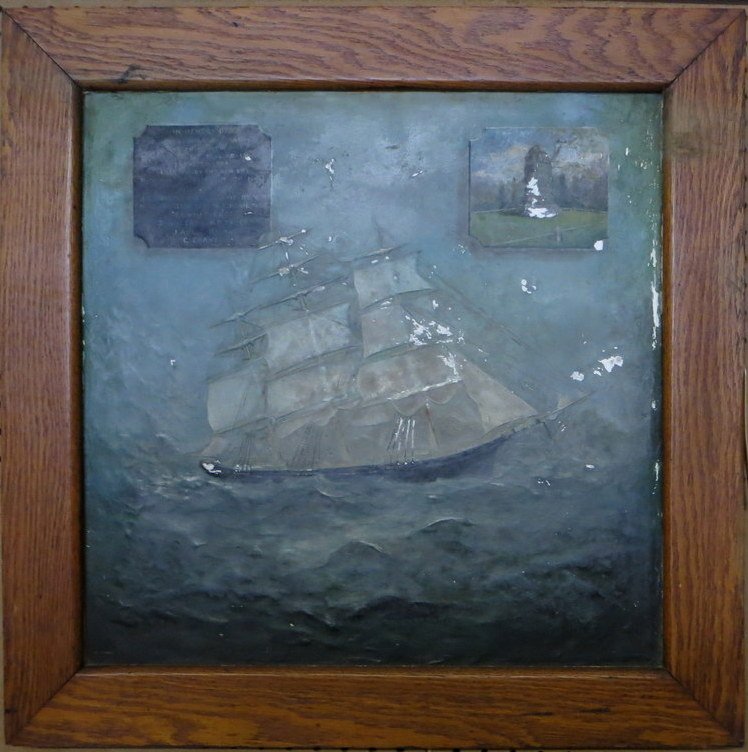 Framed commemorative relief plaster plaque of 3 ma: Framed commemorative relief plaster plaque of 3 mast sailing vessel inscribed "In memory of the 240 German passengers of the ship New Era wrecked off Deal Beach Nov. 13, 1854. The monument erected by