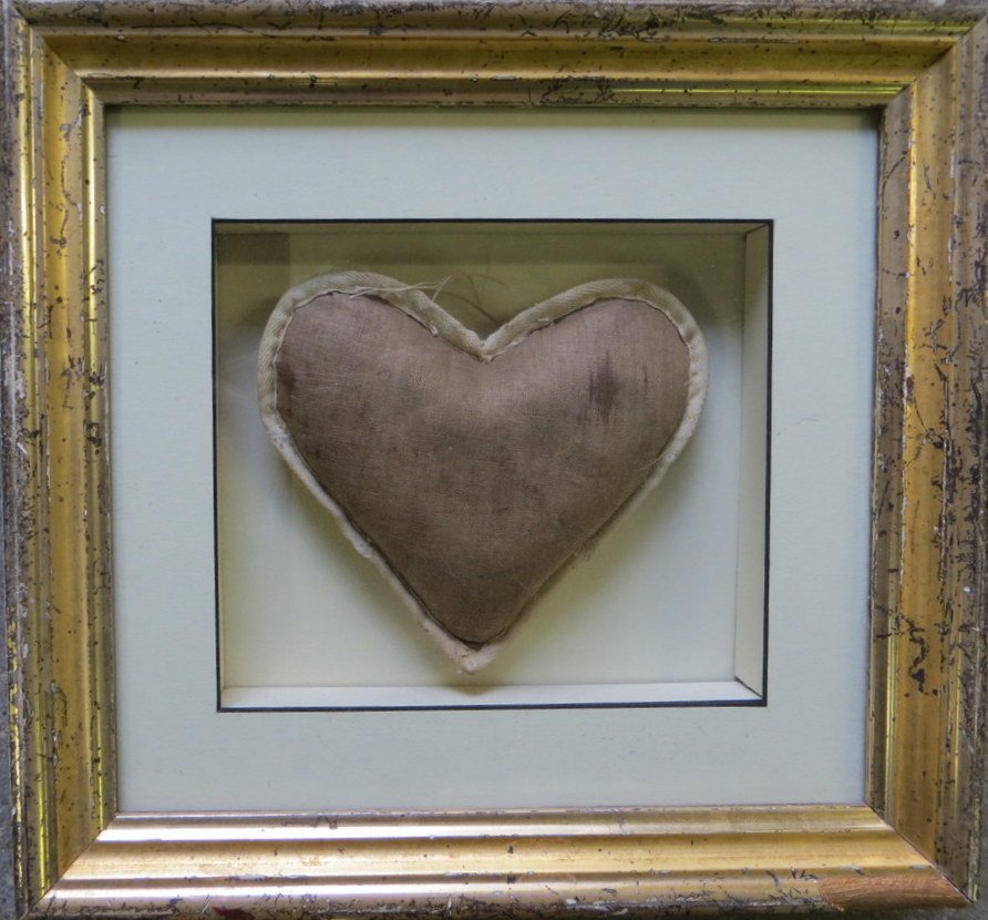 Framed pin cushion in lemon gold shadow-box frame : Framed pin cushion in lemon gold shadow-box frame - Heart size 5" x 5". 19th century.