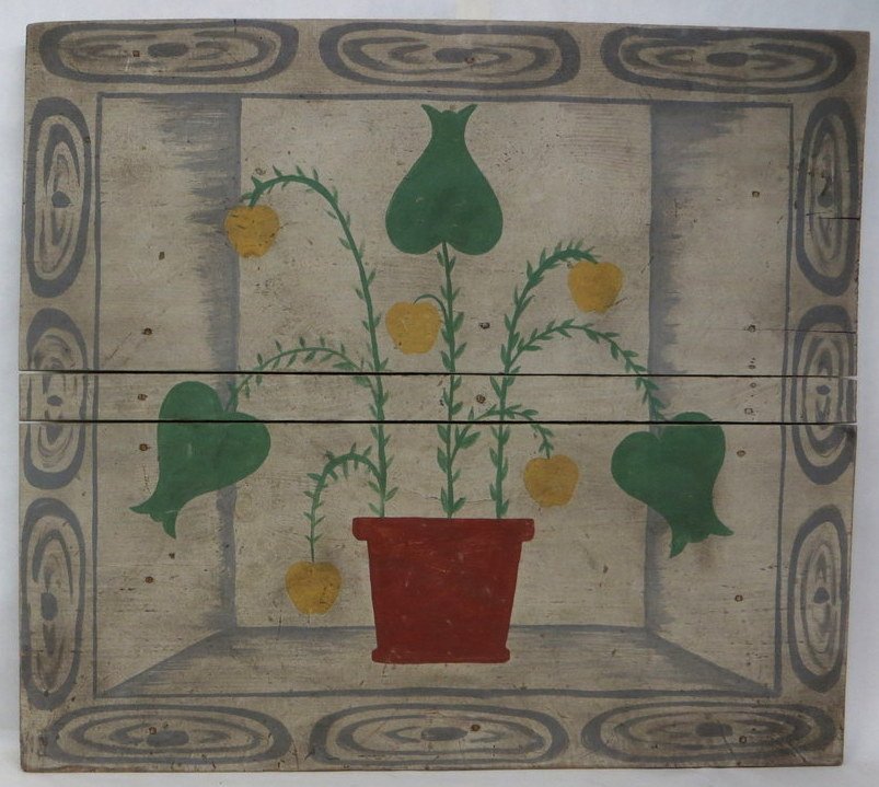 Early fireboard in original paint with central wor: Early fireboard in original paint with central work of pot with flowers and fruit. New England origin - 39.25" x 44".