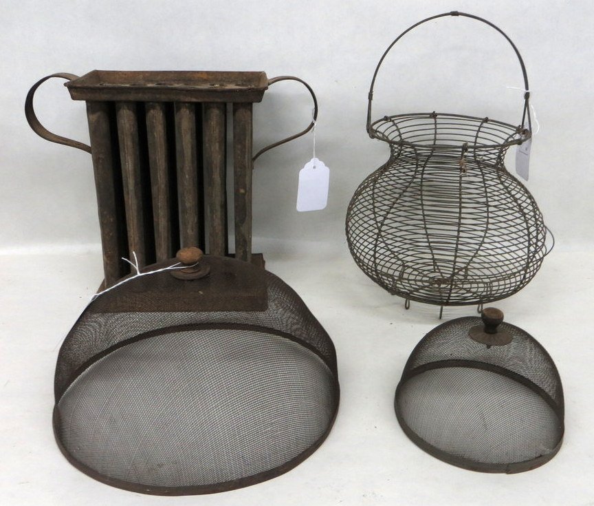 Four country items: 24 hole candle mold, wire egg : Four country items: 24 hole candle mold, wire egg basket, and 2 wire pie covers - all 19th century.