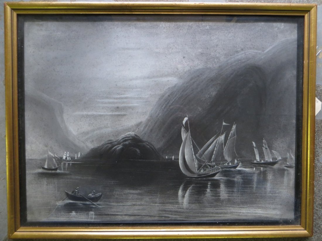 Hudson River sandpaper drawing many sailboats in r: Hudson River sandpaper drawing many sailboats in river & man in rowboat near Storm King Mountain and Bannerman's Island. 19th century - 15.5" x 20" - glass broke bottom left corner.
