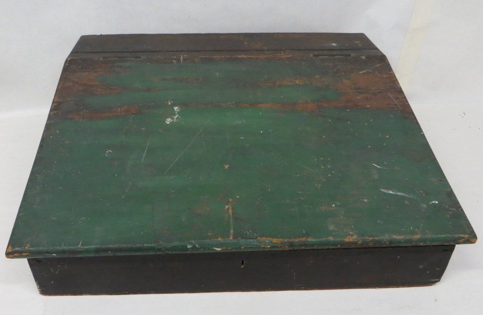 School master country lap desk in old green paint.: School master country lap desk in old green paint. 22"W x 25.5"L x 8.5"H.