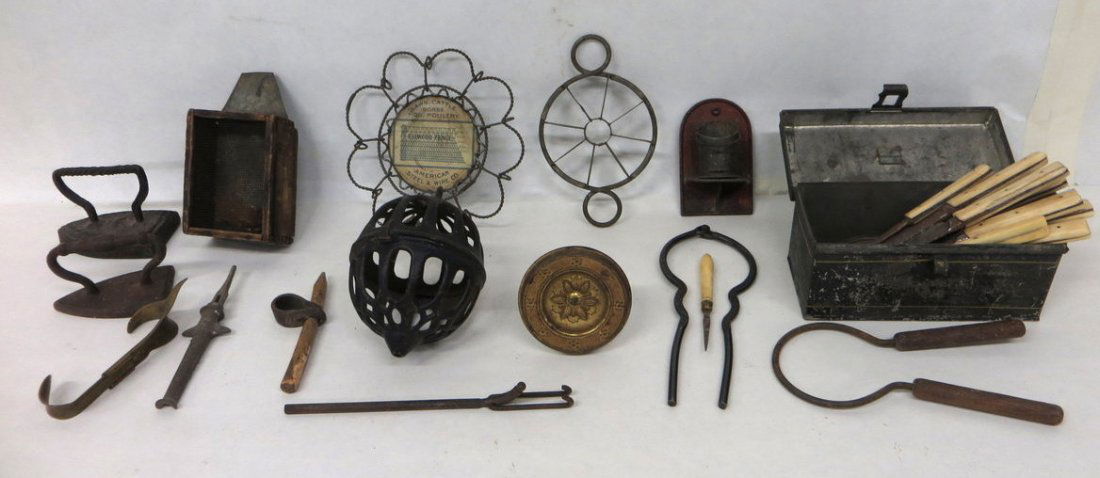 Lot of good country smalls including cast iron str: Lot of good country smalls including cast iron string holder, grater, 16 bone handle knives/forks, 2 toleware boxes, match safe, advertising wire trivet for "Elwood Fence", bug holder, corn husker, 2
