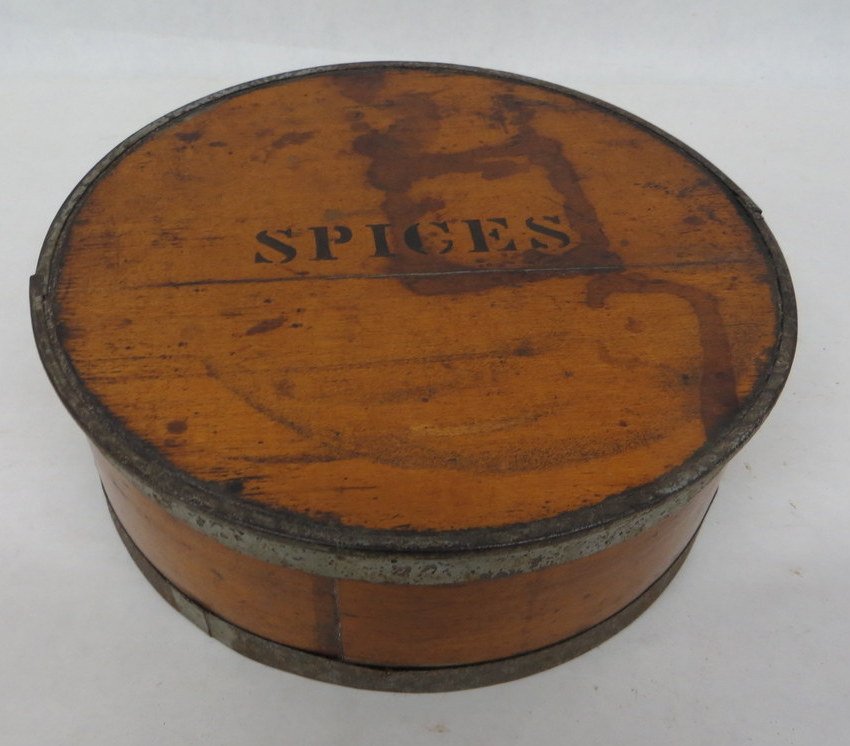 Round birch spice box with 8 interior stenciled sp: Round birch spice box with 8 interior stenciled spice boxes.