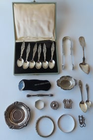 Grouping of ladies jewelry plus small sterling silver collectibles, and 2 pieces of coin silver.