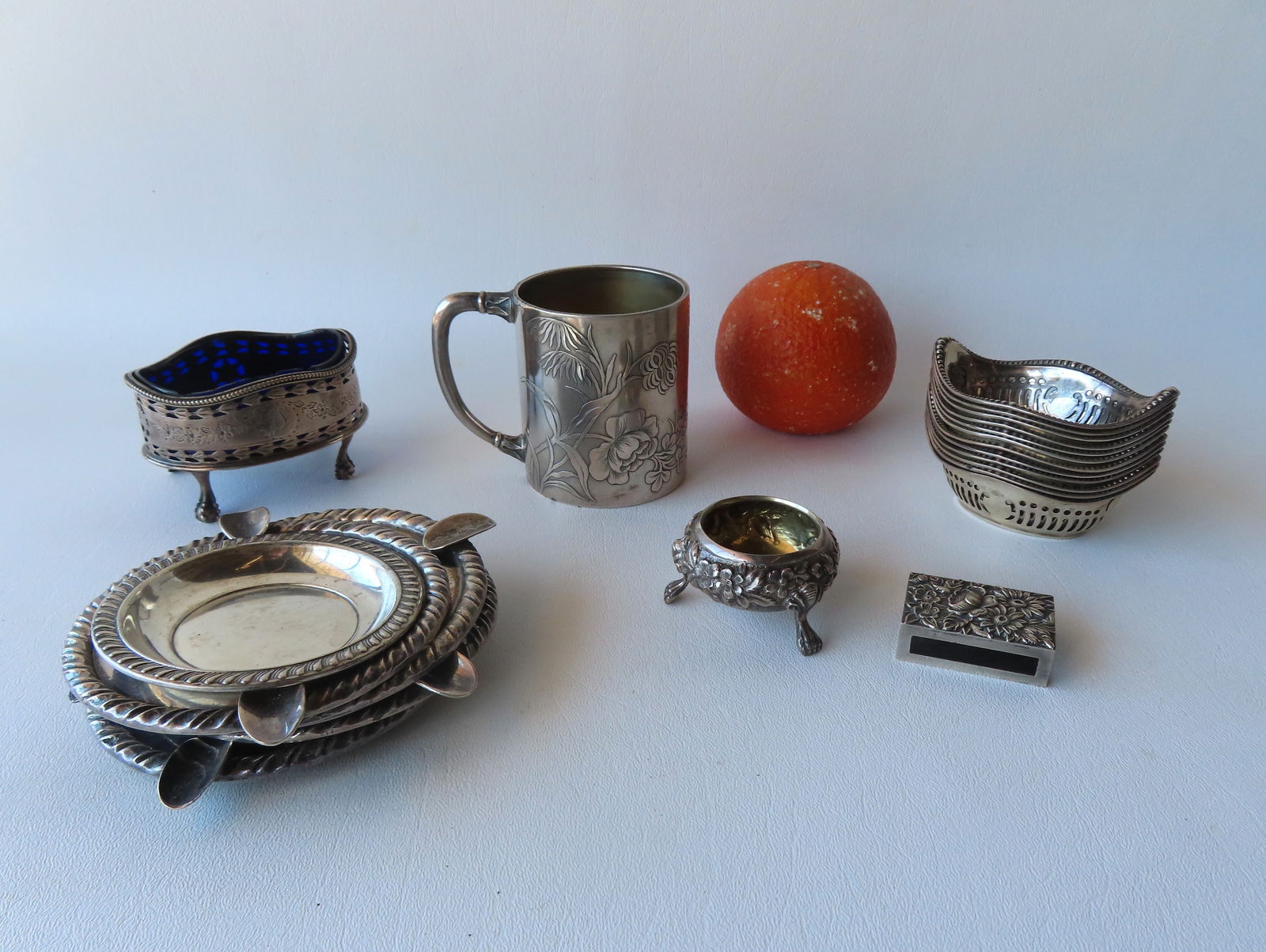 Grouping of sterling silver collectibles including salt with cobalt blue glass insert, nut dishes, (1 of 14)