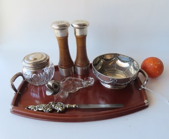 Grouping of decorative objects including sterling silver collectibles: Tall pair of sterling salt &