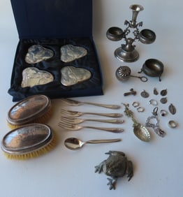 Collection of silver collectibles, and sterling jewelry including: Two matching sterling silver hair
