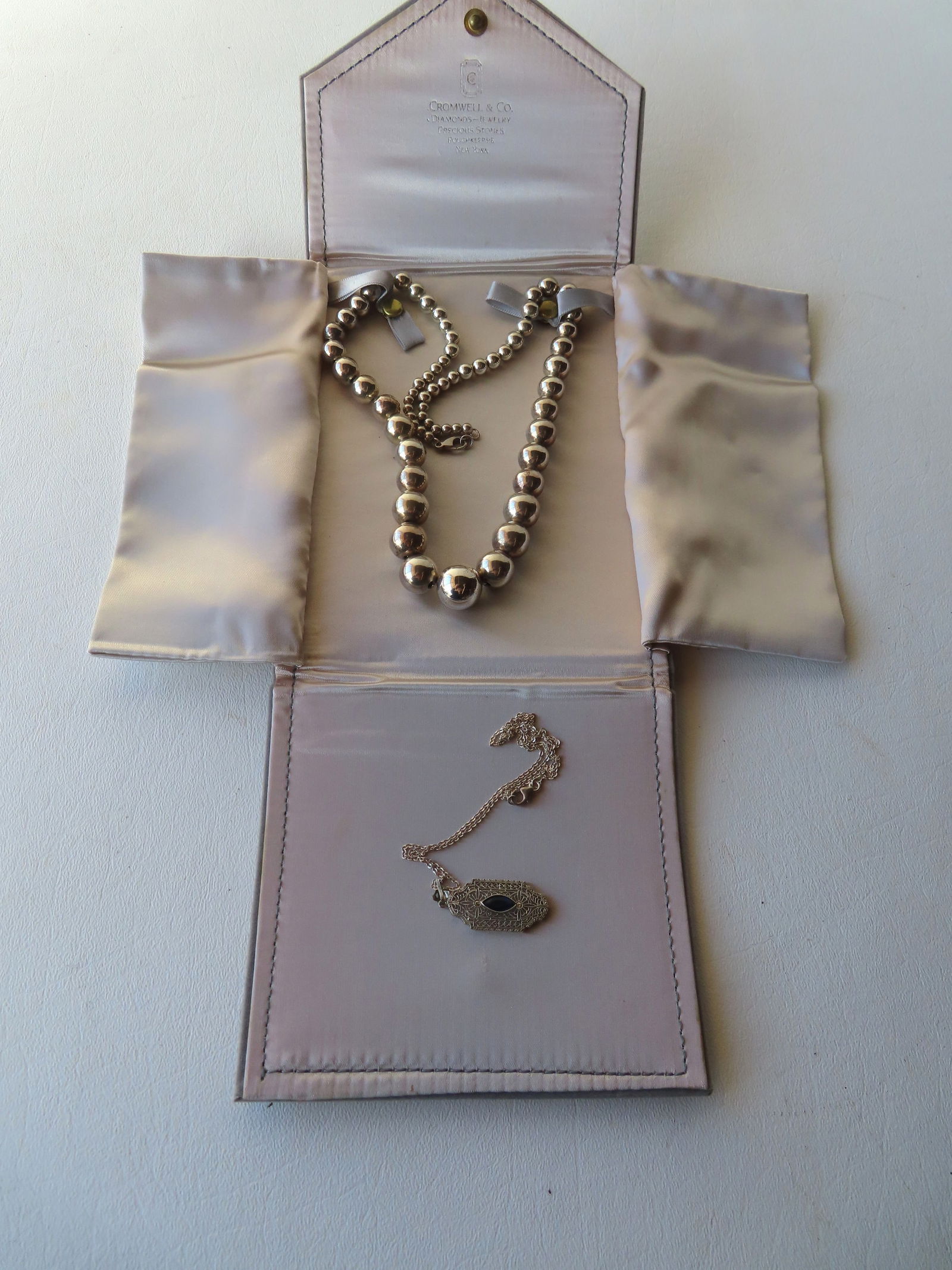 Two pieces of sterling jewelry including a beaded necklace in original case signed Cromwell & Co. (1 of 4)