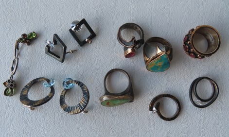 Grouping of 9 pieces of signed Bora designer sterling jewelry, all in very good condition. Includes