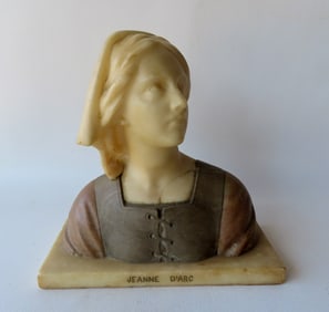 A marble bust of "Jeanne D'Arc" (St. Joan of Arc) - tight hairline in lower shoulder area, otherwise