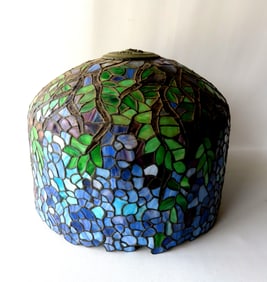 A Wisteria pattern leaded and slag glass lamp shade, unknown maker, probably mid to late 20th