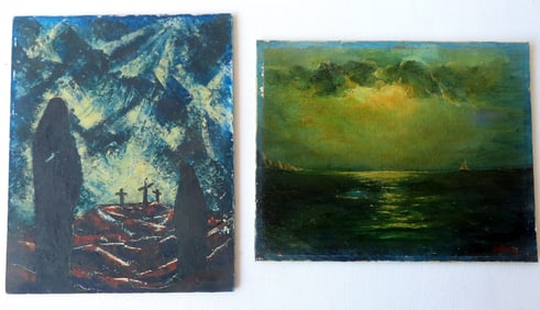 Two unframed artworks: The first, O/B Nocturnal seascape signed D. O'Neil - very good condition,