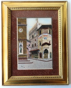 A very fine framed Italian pietra dura image on slate depicting a street scene including a small