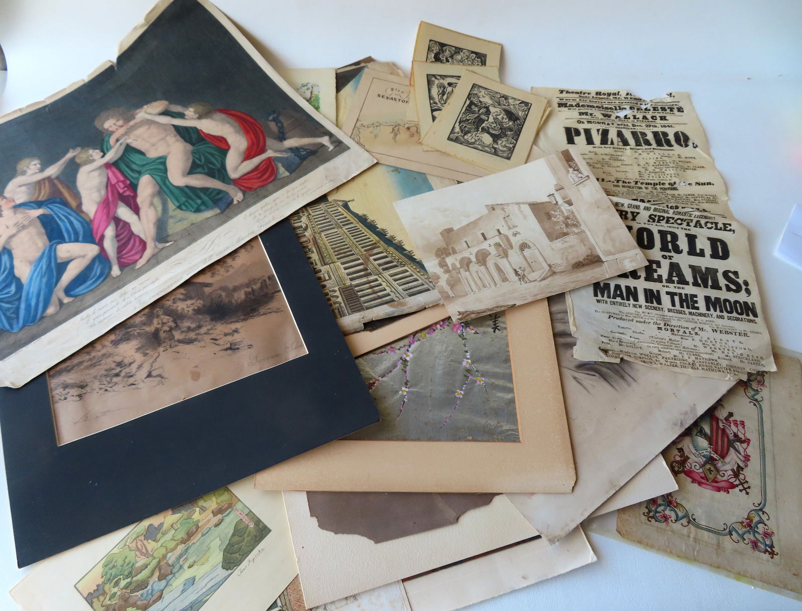 Grouping of vintage unframed artwork and ephemera, 18th through 20th century, including: An 1841 (1 of 18)