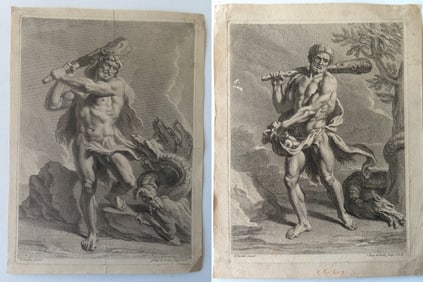 J. Baptiste de Poilly, French 1712-1780. Two original engravings of Hercules slaying the mult-headed