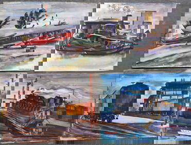 Walter Addison, New York, 1914-1982. Grouping of 4 watercolors including tug boat, biplane, and 2