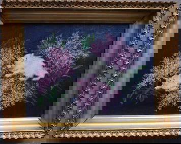 O/C Portrait of 2 Persian kittens playing within a purple flower patch, late 19th century