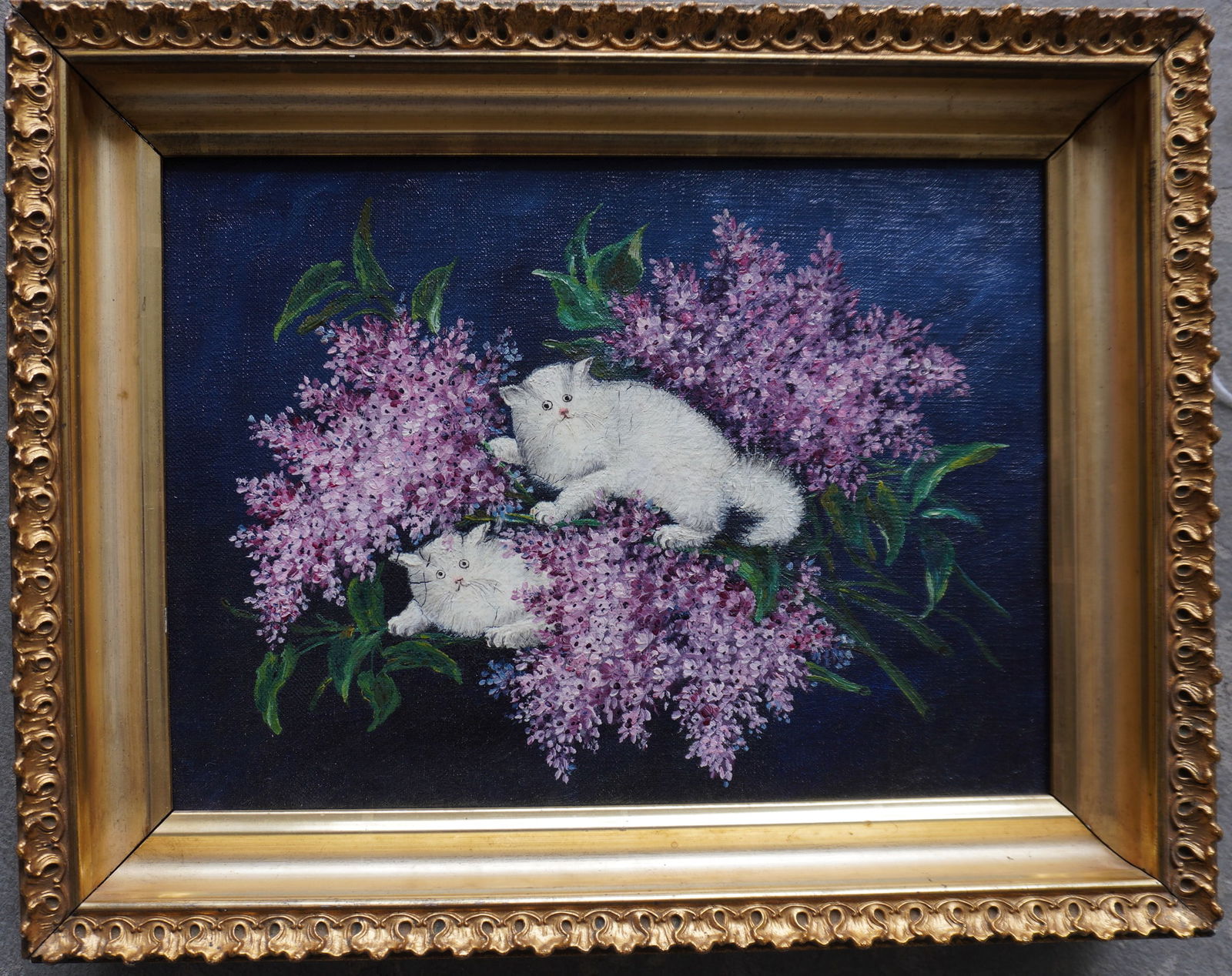 O/C Portrait of 2 Persian kittens playing within a purple flower patch, late 19th century (1 of 4)