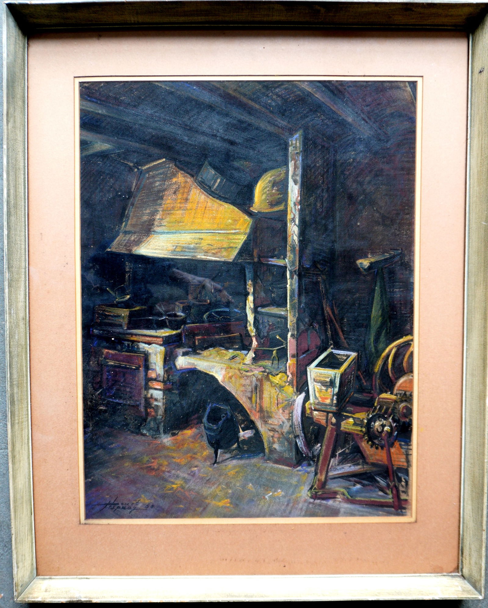 Pastel, interior barn scene, signed illegibly and dated 1955, housed in original mid century style (1 of 5)