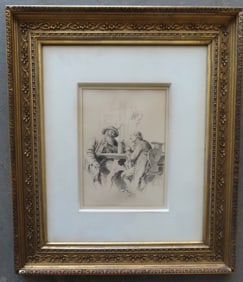 A very fine gilt gesso 19th century frame currently housing a watercolor depicting 2 gentleman