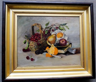 O/C Still life of fruit, basket and book, signed "C. Somers '06" (1906). Original gilt frame in very